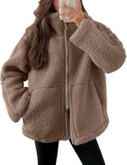 Damen Wollmantel mit Rollkragen, Winter Teddyfleece Jacke Doppelschieber Reißverschluss Wolljacke Winterjacke Thermal Teddy Wintermantel Einfarbig Revers Fleecejacke Flauschig Plüschjacke Womens von Mfhmom