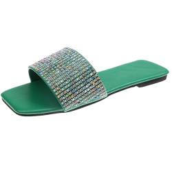 MiaZane Lässige Slide-Sandalen für Damen – Strass-Detail Quadratische Zehenpartie – Flexible Gummisohle Leicht und stylisch – Geeignet für Alltag und Urlaub,Grün,39 EU von MiaZane