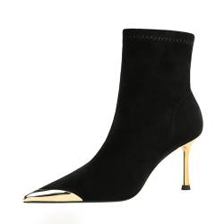 MiaZane Schwarze Damen-Stilettostiefel aus Wildleder mit spitzer Zehenpartie - Metallakzent, 8 cm hohe Absätze und seitlicher Reißverschluss - ideal für Abende und Veranstaltungen,Schwarz,41 EU von MiaZane