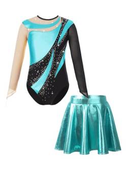 Miaeowve Akrobatik Anzug Mädchen Mit Rock Kinder Metallic Tanzkleidung Langarm Strass Glitzer Sportbody Patchwork Trikot Mit Cut Out Wettbewerb Tanzkostüm Türkis 122-128 von Miaeowve