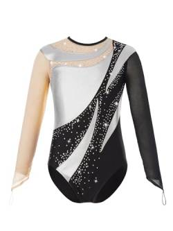 Miaeowve Kinder Mädchen Turnanzug Strass Glitzer Ballett Body Metallic Patchwork Tanz Trikot Cut Out Gymnastik Leotard Wettbewerb Tanzkleidung Silber 134-140 von Miaeowve