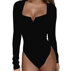 Damen Low Cut Bodysuit Sexy Trikots Tiefer V-Ausschnitt Langarm Body Suits Tops Jumpsuit Damen Elegant Große Größen Damen Jumpsuit Kurz Elegant Jumpsuit Damen Pyjama Kurz Damen Jumpsuit (Black, S) von MianYaLi