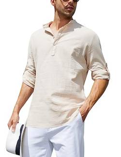 Leinenhemd Herren Langarm Casual Henley Shirt Baumwollmischung Einfarbig Strand Shirt Baumwolle Henley Shirt Business LGR S von Migcaput