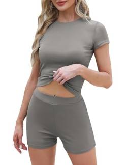 Migcaput Damen Zweiteiler Basic T-Shirt und Shorts Set Klassischer Kurzarm Slim Fit Top Y2K Crop Tops Sport Sommer Casual Kurz Pyjama Hausanzug Streetwearsuit von Migcaput