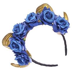 Mikinona Stirnband aus simuliertem Horn Kopfschmuck aus Ochsenhorn Ziegenhörner Cosplay halloween haarschmuck halloween kopfschmuck Halloween-Kopfschmuck Haarband aus Horn Samtblume Blue von Mikinona