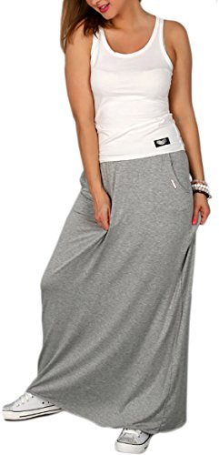 Damen Frauen Sommer Rock Maxirocke Sommer Lang Maxirock Boho Style Sommerrock Strandrock mit elastischem Bund Streifen oder einfarbig 36/38/40 (247) (Grau) von Mikos