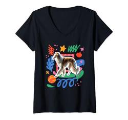 Damen BORSOI Verspieltes Design Hund T-Shirt mit V-Ausschnitt von Miller Sye