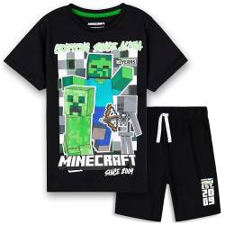 Minecraft Schlafanzug Jungen, Pyjama Set mit Kurzärmligem Oberteil & Pyjama Shorts mit Kordelzug - Gaming Geschenke Jungs (Schwarz, 9-10 Jahre) von Minecraft