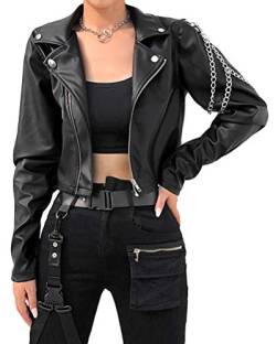 Minetom Damen Kunstleder Biker Jacke Kurz Übergangsjacke Leder Optik Bikerjacke Langarm Reißverschluss Herbst Mantel mit Kette A Schwarz XL von Minetom