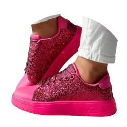 Minetom Damen Pailletten Sneaker Glitzer Schuhe Flache Low Outdoor Laufschuhe Schnürsenkel Walkingschuhe Sportschuhe A Rosa Rot 41 EU von Minetom