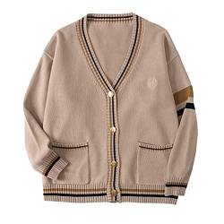 Minetom Herren Damen JK Schuluniform Pullover V-Ausschnitt Klassisch Gestrickte Gestreifte Pullover College-Stil Retro Cardigan Für Frühling Herbst Winter Paar-Outfit B Khaki M von Minetom