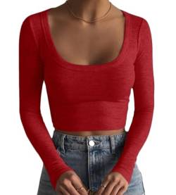 Minetom Sweatshirt Damen Rippenstrick Crop Tops Langarm Ribbed Quadratischer Ausschnitt Crop T-Shirt Bauchfrei Oberteile Langarmshirt Cropped Top Basic Pullover Sweatshirts A Rot S von Minetom