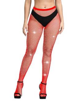 Mingnos Damen Sheer Glitzernde Fischnetz Strumpfhose Sexy Glitzer Strass Netz Leggings Strumpfhosen Strümpfe Rot von Mingnos