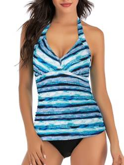 Mingnos Halfter Tankini Sets für Damen Bauchweg Bademode V-Ausschnitt Badeoberteile Slim Ruched Zweiteilige Badeanzüge (Blaue Streifen, XL) von Mingnos