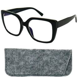 Mini Brille Lesebrille Damen Stilvolle Schmetterling mit großen kratzfesten Gläsern, Gratis Etui, Kunststoff Dicker Rahmen Rechteckig (Schwarz), Blaulichtfilter Lesehilfe +1.0 Dioptrien von Mini Brille