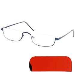 Mini Brille Metall Halbrand oben Lesebrille Halbbrille Rechteckig, Gratis Etui und Brillenputztuch, Edelstahl Rahmen (Blau) mit Federscharnier, Lesehilfe Damen und Herren +1.0 Dioptrien von Mini Brille