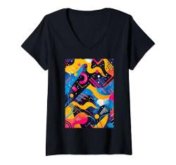 Damen 80er Jahre Vintage Stil Muster Kunst Retro T-Shirt mit V-Ausschnitt von Minimalist Vintage Shapes Patterns