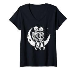 Damen Schwarz Weiß Skelett Mond Abstrakte Kunst Casual Grafik T-Shirt mit V-Ausschnitt von Minimalistic Artistic Creative Fashion