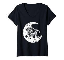 Damen Schwarz Weiß Skelett Mond Abstrakte Kunst Casual Grafik T-Shirt mit V-Ausschnitt von Minimalistic Artistic Creative Fashion
