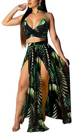 Damen Sexy 2-teiliges Outfit Kleid Chiffon Träger Tiefer V-Ausschnitt BH Crop Top High Split Maxi Kleider Rock Set, Sommer-Palmblatt, Klein von Mintsnow