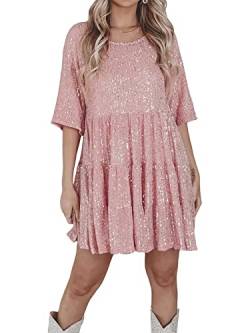 Damen-Shirtkleid mit Glitzer-Pailletten, Rundhalsausschnitt, kurze Ärmel, Pailletten-Kleid, Babydoll, glitzernd, gestuft, Minikleid, Party, Clubwear, A-Pink, Medium von Miolasay