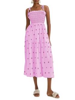 Miolasay Damen Boho A-Linie Langes Kleid Strand 3D Blume Gerafft Gestuft Tie Up Sommer Spaghettiträger Flowy Bestickt Kleid, A-Pink, Small von Miolasay