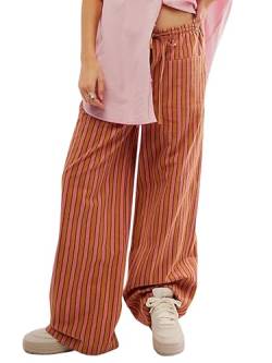 Miolasay Damen-Pyjamahose mit weitem Bein, Kordelzug, lässig, gestreift, locker, gerade, lange Hose mit Taschen, Streetwear, G-Orange, L von Miolasay