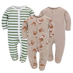 3PCS Baby Schlafstrampler Babychlafanzug Babyschlafsack Baumwolle mit Füßen mit knöpfen Gr. 56 62 68 für Junge Mädchen Neugborenen (Hirsch, 62) von Miracle Baby
