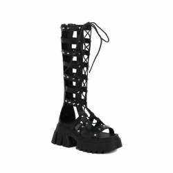 MissHeel Damen Römische Sommer Stiefel Sandalen Langschaft Gladiator Punk Gothe Sommerstiefel PU Schwarz EU 43 von MissHeel