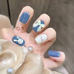 24 Stück Nägel Zum Aufkleben Kurz, Ostern Eckig Press on Nails Weiß Hase Bogen Künstliche Nägel, Blau Square Fingernägel Fake Nails für Frauen und Mädchen von MissJelly