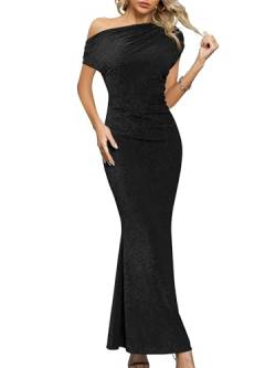 Missufe Abendkleid Cocktailkleid Elegant Lang Ballkleid Damen Hochzeit Festlich Maxi Meerjungfrau Bodycon One Shoulder Kleider (Schwarz, Mittel) von Missufe