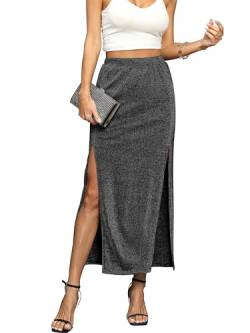 Missufe Bleistiftrock Maxirock Elegant Hoher Taille Damen Langer Sommerrock mit Schlitz Röcke Party Skirt (Silber, Large) von Missufe