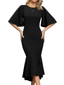 Missufe Damen Abendkleid Cocktail Festlich Meerjungfrau Bodycon Rundhalsausschnitt Ausgestelltes Kurzarm Figurbetont Midi Ballkleid (Schwarz, X-Klien) von Missufe