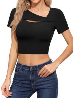 Missufe Damen Sommer Crop Tops Oberteil Basic T Shirt Kurzarm Stricktop mit Ausschnitten (Schwarz, X-Large) von Missufe