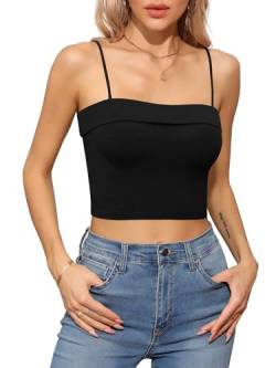 Missufe Damen Sommer Spaghettiträger Ärmellos Camisole Slim Fit Kurz Crop Top (Schwarz, Groß) von Missufe