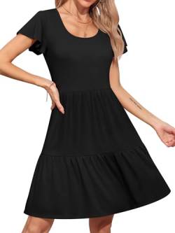 Missufe Damen Sommerkleid A Linien Swing Skaterkleid Babydoll Kurzarm Rüschenkleid Freizeitkleider (Schwarz, XL) von Missufe