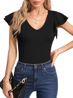 Missufe Damen V Ausschnitt Rüschen Kurzarm Slim Oberteile Sommer Bodysuit Top (Schwarz, Klein) von Missufe