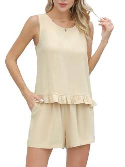 Missufe Pyjama Leinen Tanktop Sommer Nachtwäsche Damen 2 Teiler Set Ärmelloses und Shorts Schlafanzug Kurze Hose Zweiteiliger lockeres Hausanzug (Aprikose, Mittel) von Missufe