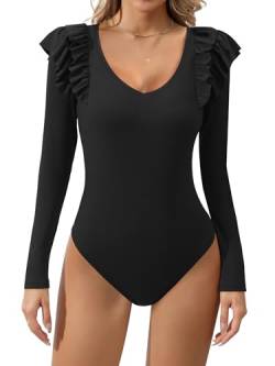 Missufe Rüschen Langarm V-ausschnitt Ribbed Bodysuit Damen Elegant Oberteil Body Top (schwarz, klein) von Missufe