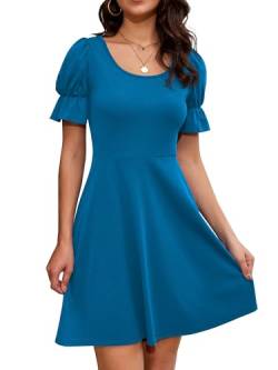 Missufe Rüschen Sommer Minikleid Freizeitkleid Skaterkleid Damen U-Ausschnitt Puffärmel Swing Kurz Kleider (Blau, X-groß) von Missufe