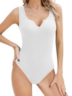 Missufe Sommer Body Basic V-Ausschnitt Tanktops Damen Bodysuit Stricktop Ärmellose Oberteile (weiß, X-Large) von Missufe