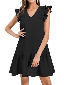 Missufe Sommerkleid A Linien Swing Freizeitkleid Damen V-Ausschnitt Rüschenkleid (schwarz, groß) von Missufe