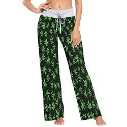 MNSRUU Damen-Pyjamahose mit grünem Marihuana-Blatt, leger, Stretch, weites Bein Gr. Medium, mehrfarbig von Mnsruu