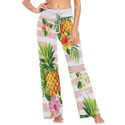 MNSRUU Palm Tree Damen Pyjamahose, gestreift, Ananas-Blume, Freizeithose, Stretch, weites Bein Gr. X-Large, mehrfarbig von Mnsruu