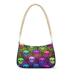 Mnsruu Schultertasche mit Kette für Damen, Neon-Totenköpfe, Sterne, Tragetasche, Hobo-Handtasche, Unterarm, Damen, kleine Umhängetasche, Reißverschluss, A373, 18 x 28 x 7 cm von Mnsruu