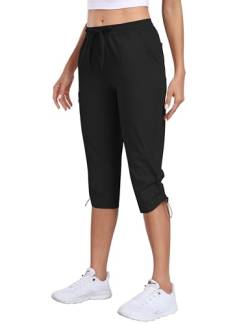 MoFiz Damen Wanderhose Outdoorhose Caprihose Trekkinghose 3/4 Lange Cargohose Sommer Leicht Trainingshose Freizeithose UPF 50 mit Tasche Schwarz XXL von MoFiz