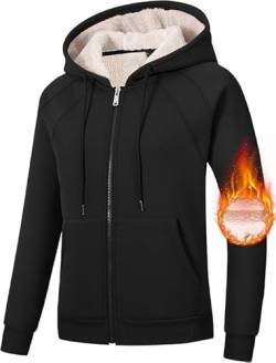 MoFiz Fleecejacke Damen Kapuzenjacke mit Zipper Dick Winter Warm Basic Sweatjacke mit Kapuze Schwarz S von MoFiz