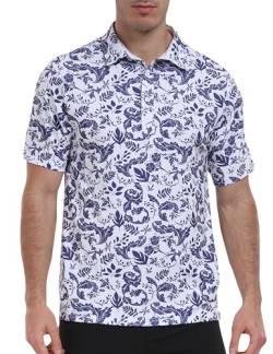MoFiz Herren Poloshirt mit Muster Kurzarm Polohemd Vintage Polo Bunt Hawaii Sommer Atmungsaktiv Gedruckt Freizeitshirt IC-Pflanzen-Dunkelblau EU 3XL von MoFiz