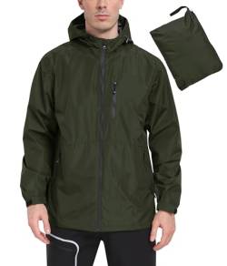 MoFiz Regenjacke Herren Wasserdicht Outdoorjacke Leichte Packbare Windjacke Regenmantel Fahrrad Regenjacke mit Kapuze für Reisen Laufen Wander Camping Armeegrün EU M von MoFiz