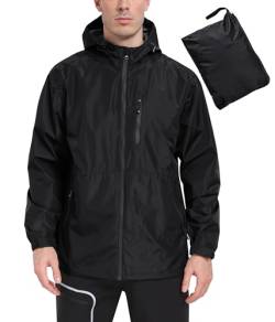 MoFiz Regenjacke Herren Wasserdicht Outdoorjacke Leichte Packbare Windjacke Regenmantel Fahrrad Regenjacke mit Kapuze für Reisen Laufen Wander Camping Schwarz EU XL von MoFiz